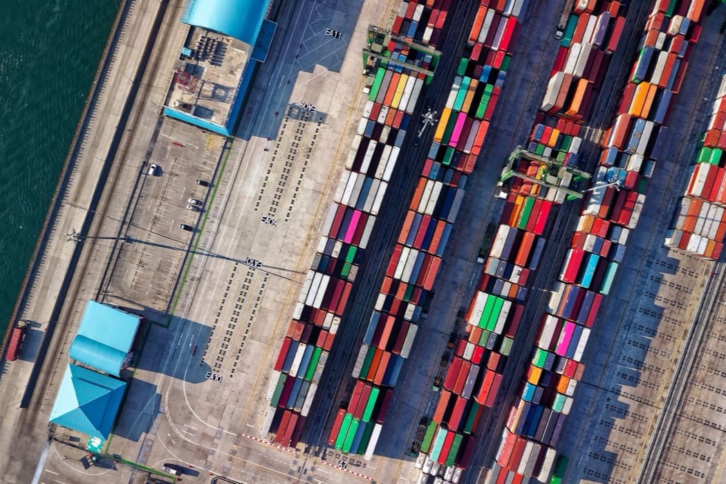 Aerial view of shipping containers at a port